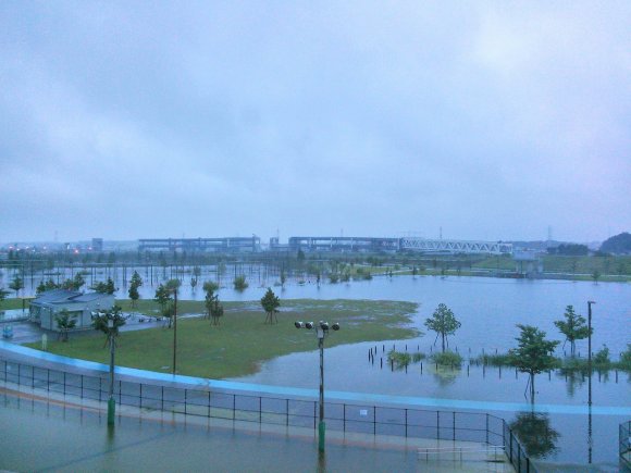 浸水した夕方の運動広場